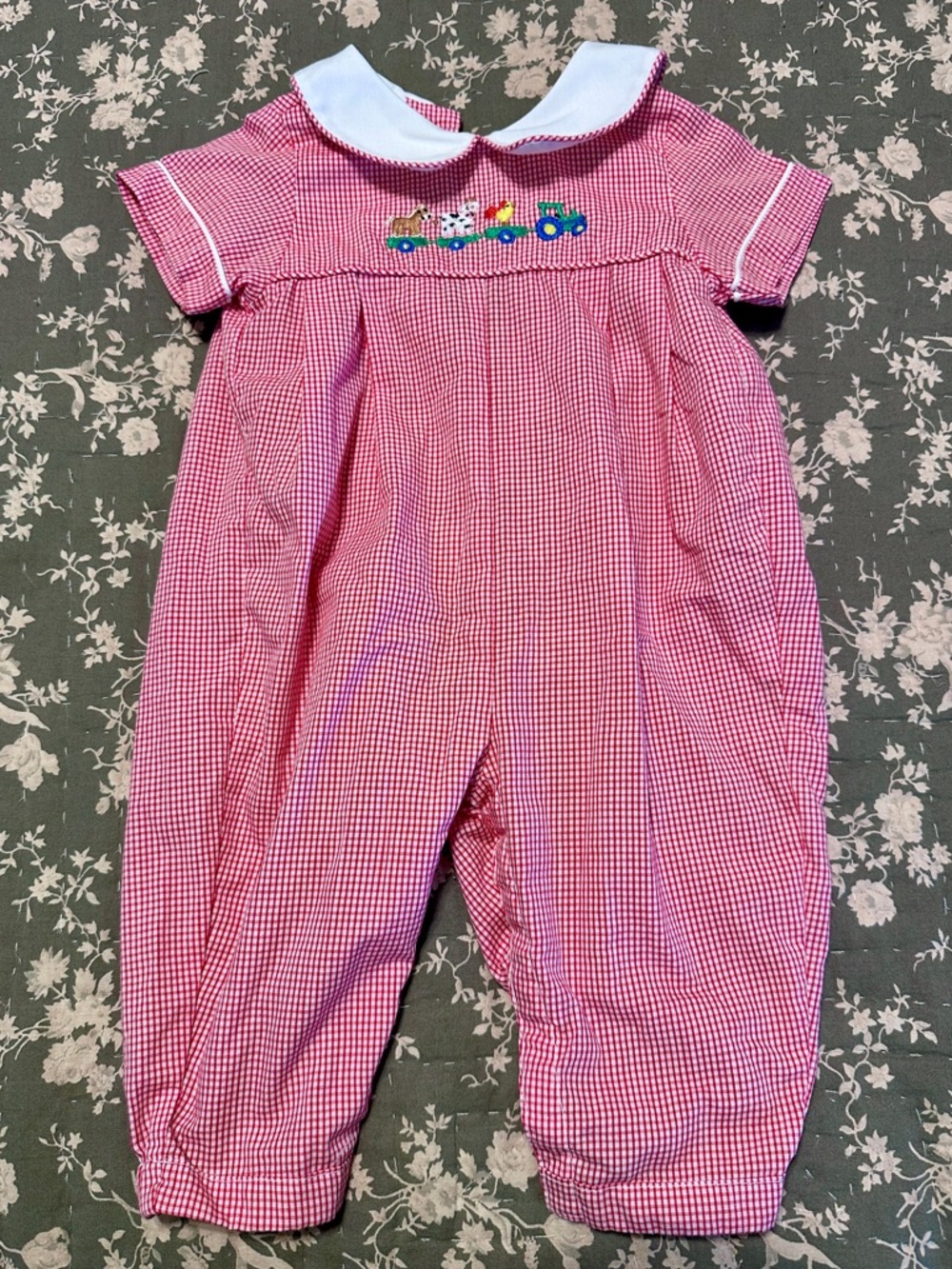 Red Gingham Farm Tractor Baby Romper White Peter Pan Collar